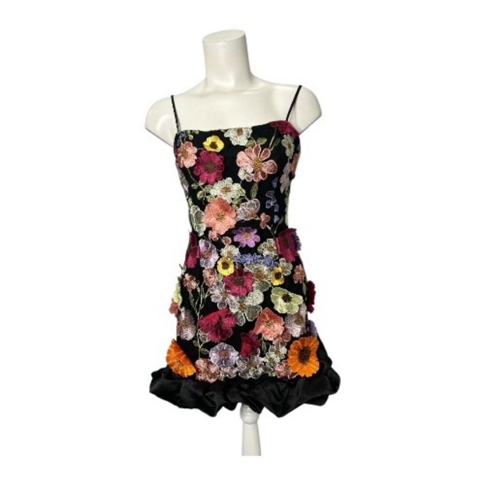 AEL AmyEnjoyLife Black‎ Floral Embroidered  Mini Dress Satin Ruffle Hem Sz Large
